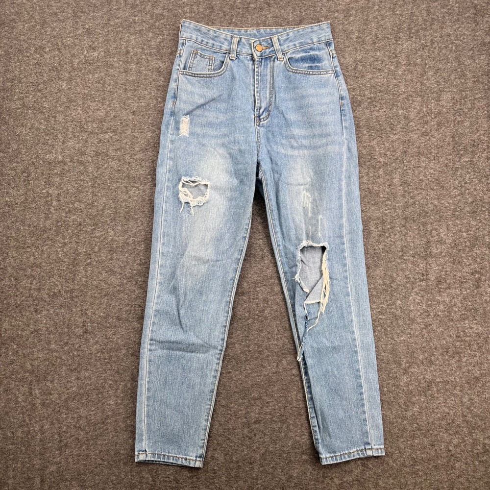 SHEIN Womens High Waisted Distressed Mom Jeans Light Wash Blue Ripped XS Crop - Picture 2 of 14